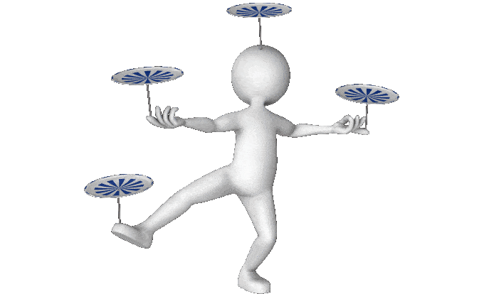 A stick person balancing plates on their body